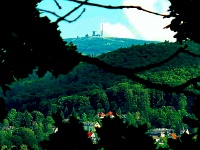 Es zeigt einen Blick durch das grüne Astwerk vom Bad Harzburger Langenberg über den Breitenberg zum Brocken.